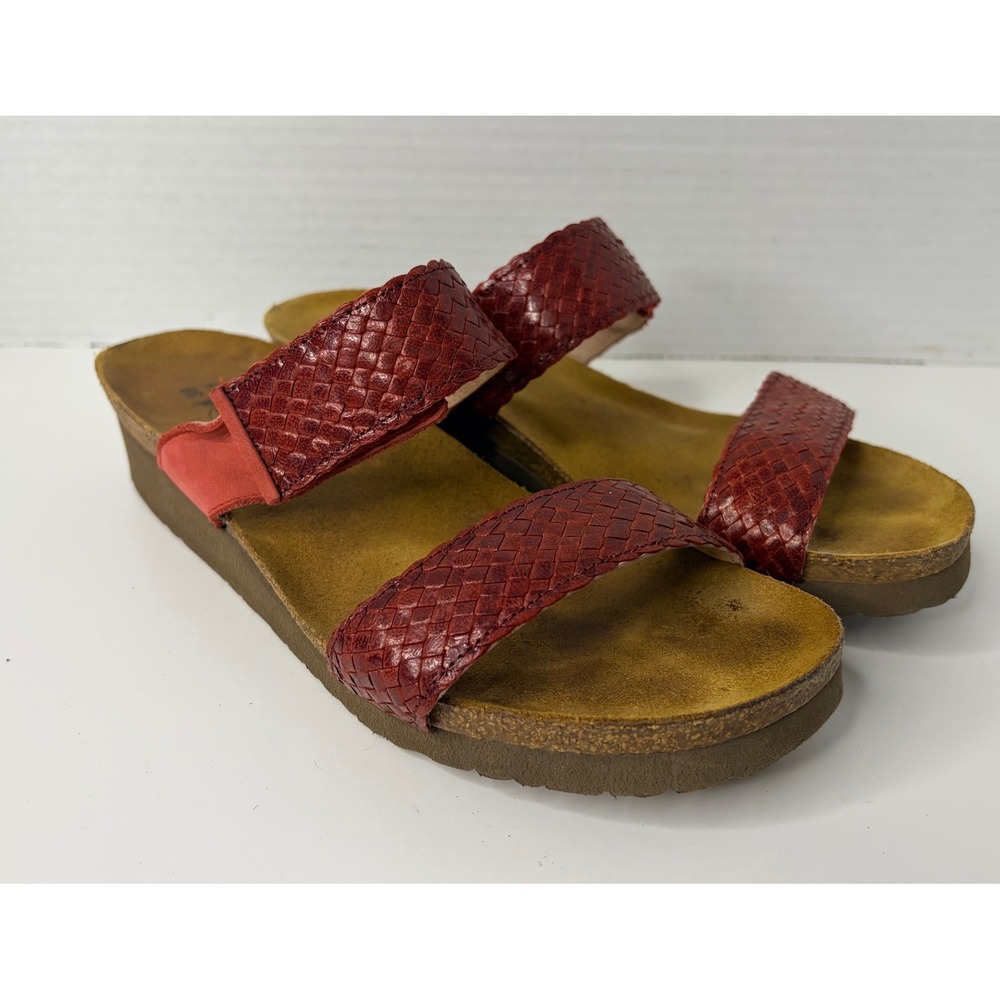 Naot Red Woven Leather Slide Sandals Womens 39 Comfort Wedge Made in Israel